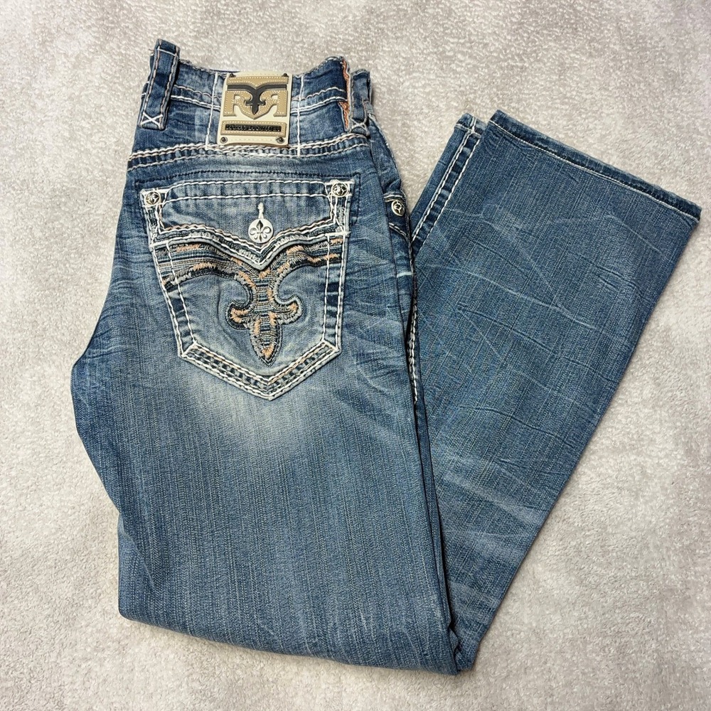 Rock Revival Brayen Boot Jeans Blue Flap Pocket Thick Stitch Denim Y2K Men 30x30